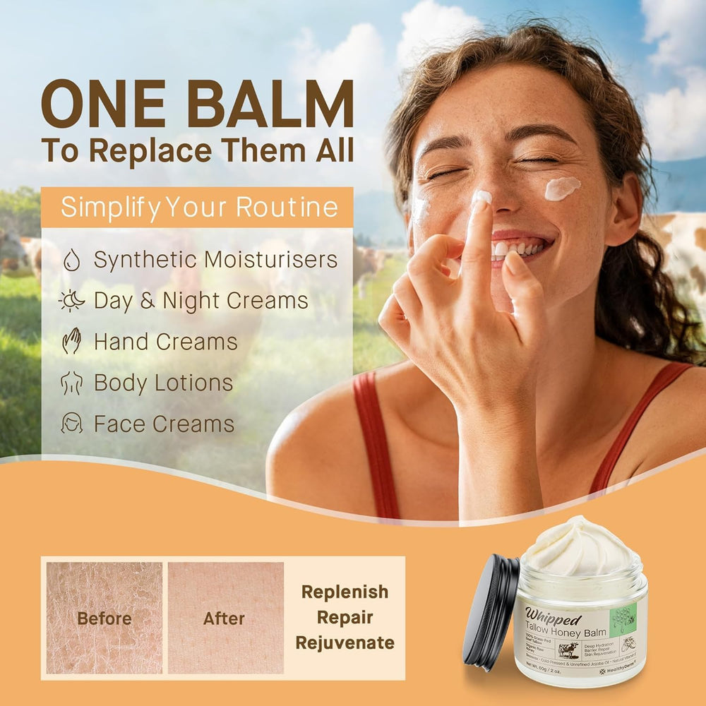 Cuidado de piel madura con bálsamo HealthyDerm y grasa de res