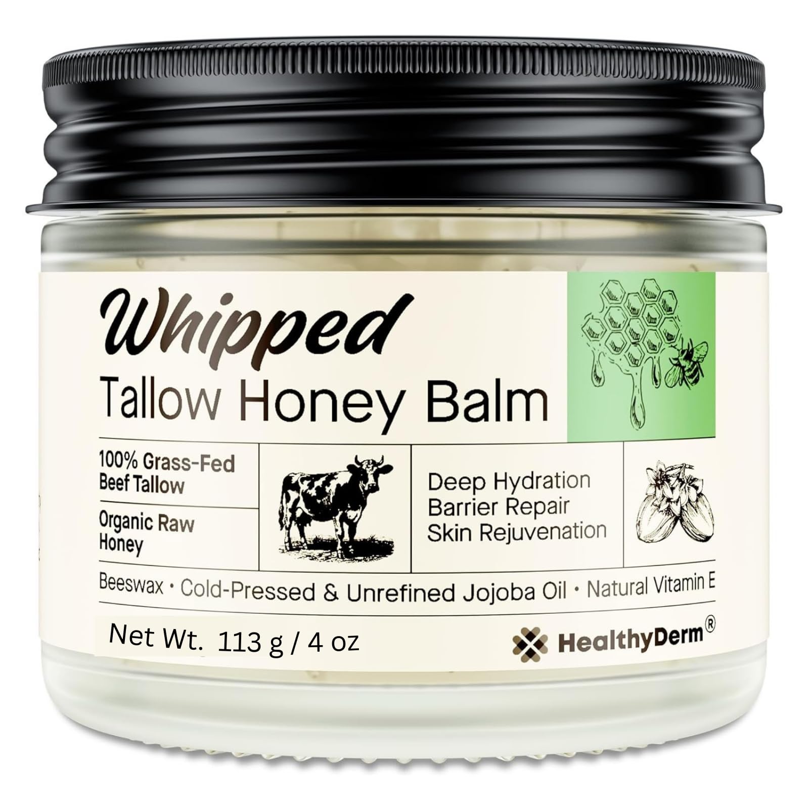 HealthyDerm bálsamo tallow miel en tarro, hidratación profunda para piel seca