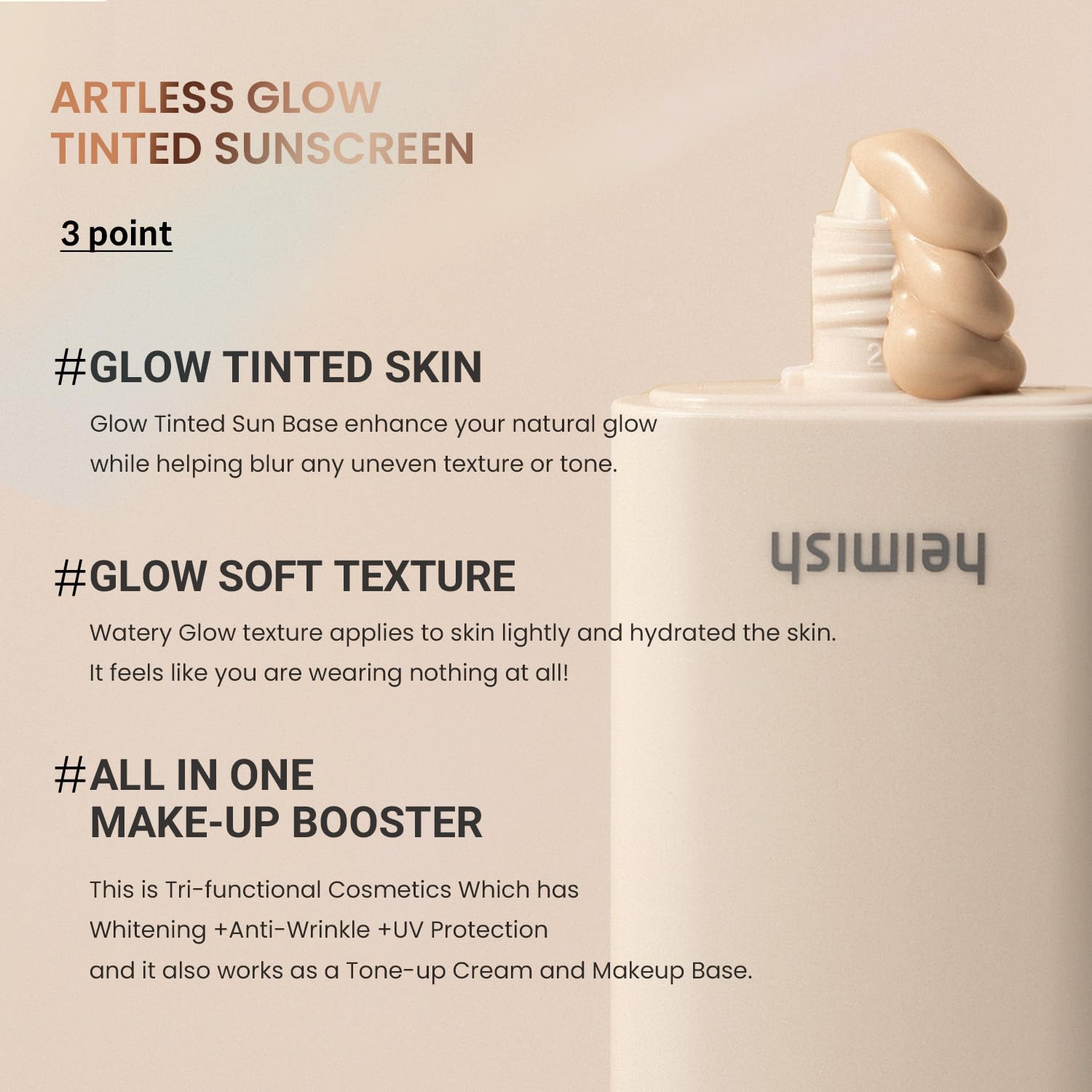 Muestra del tono Shine Beige de HEIMISH Artless Glow sobre la piel.