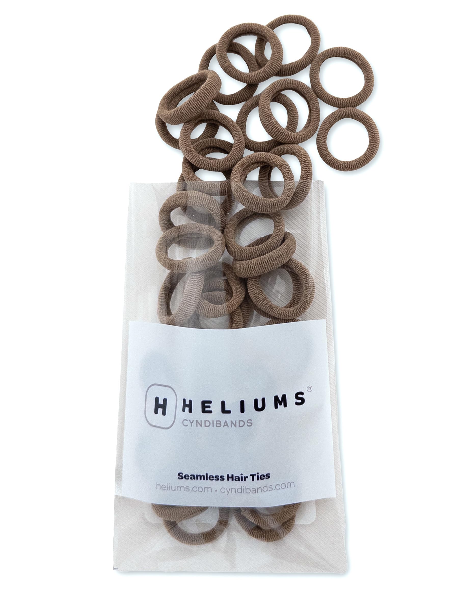Heliums gomas mini marrón claro en empaque de 40, ideales para peinados delicados sin daño.