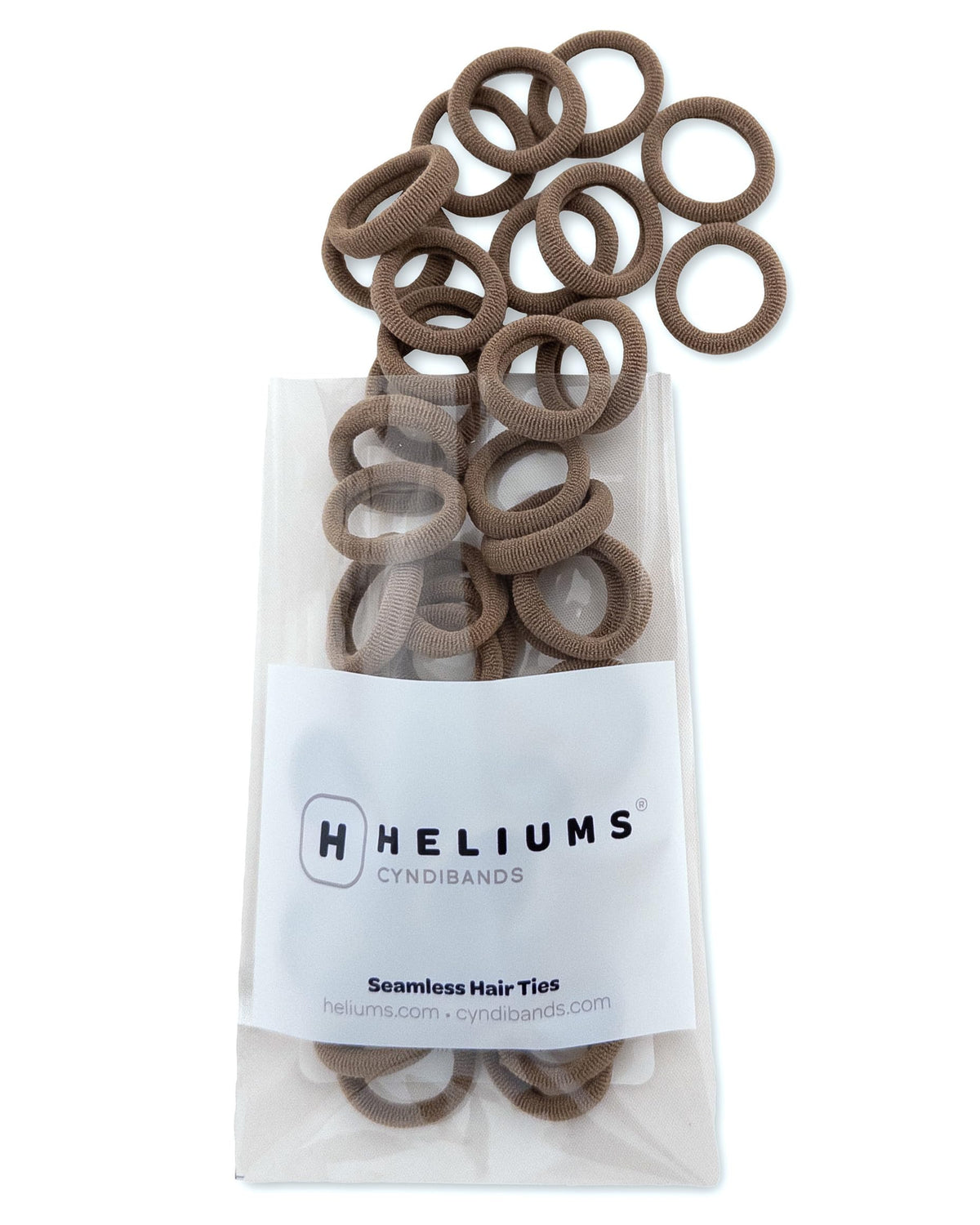 Heliums gomas mini marrón claro en empaque de 40, ideales para peinados delicados sin daño.