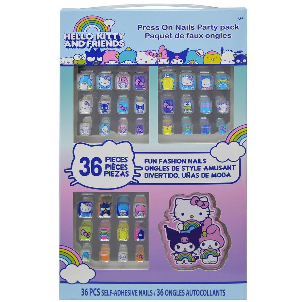 Hello Kitty y Amigos: uñas postizas de 36 piezas para niñas, uso divertido y seguro.