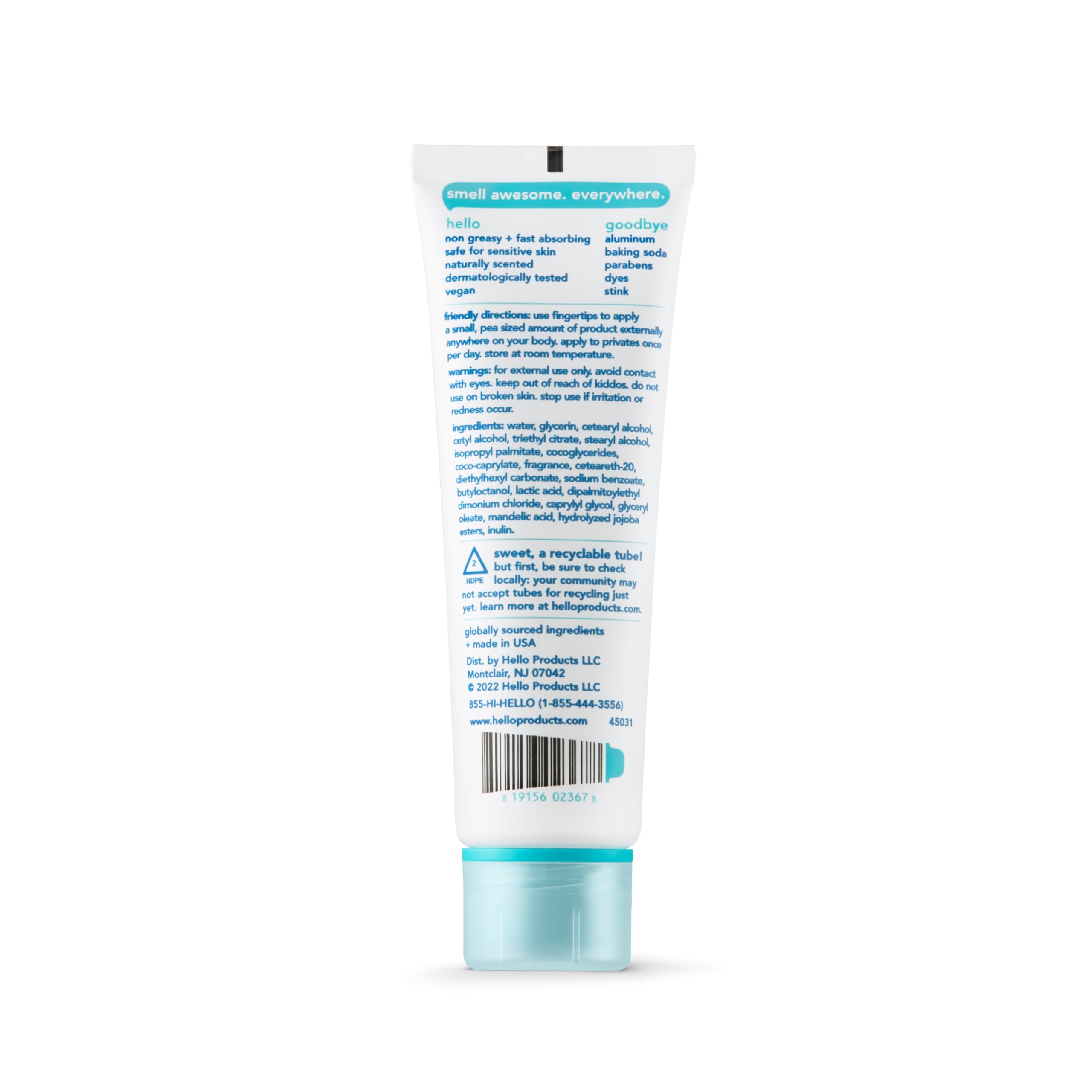 Hello crema desodorante para uso diario en hombres y mujeres