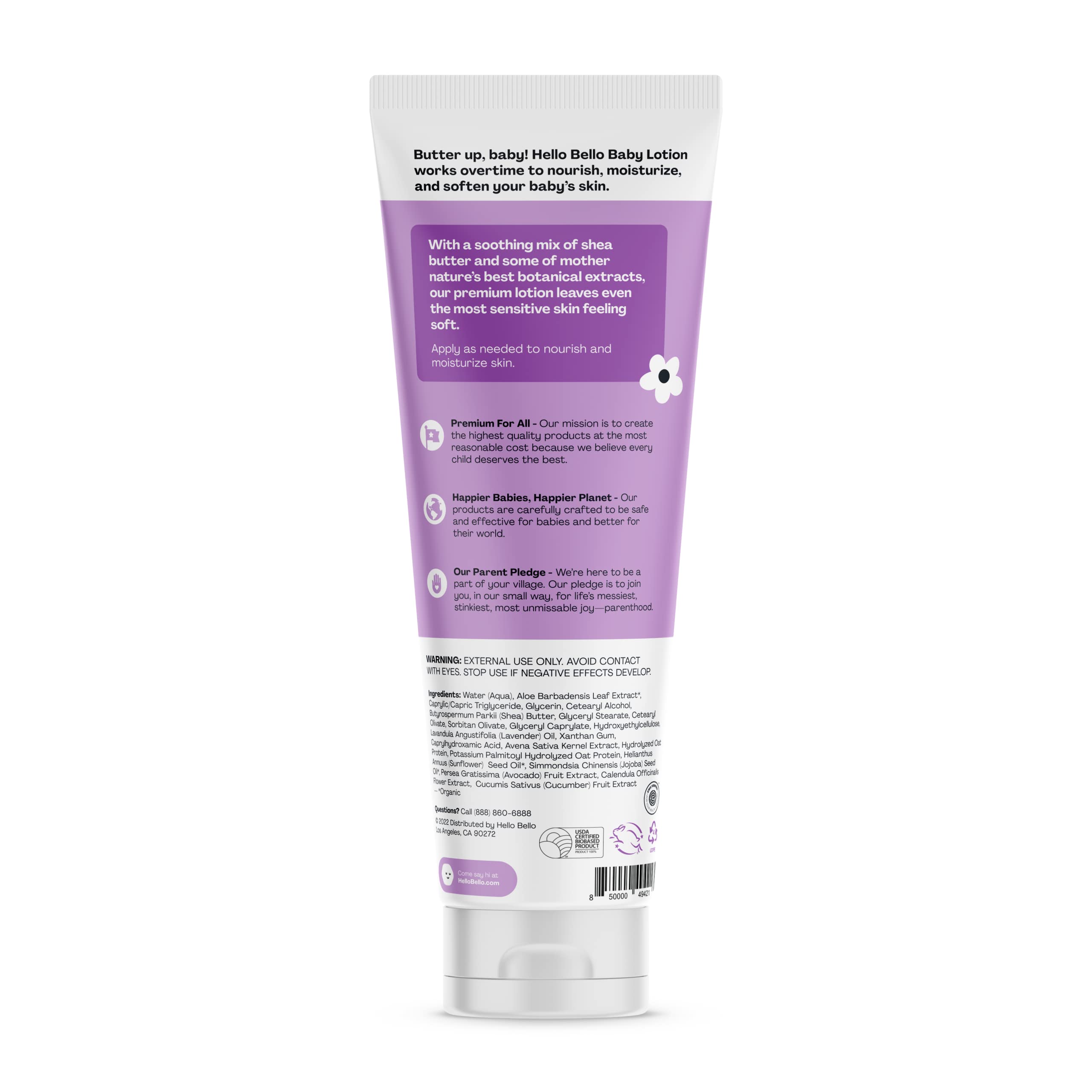 Hello Bello Lotion ingredientes jojoba aguacate caléndula para nutrición suave.