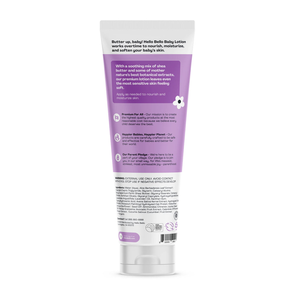 Hello Bello Lotion ingredientes jojoba aguacate caléndula para nutrición suave.