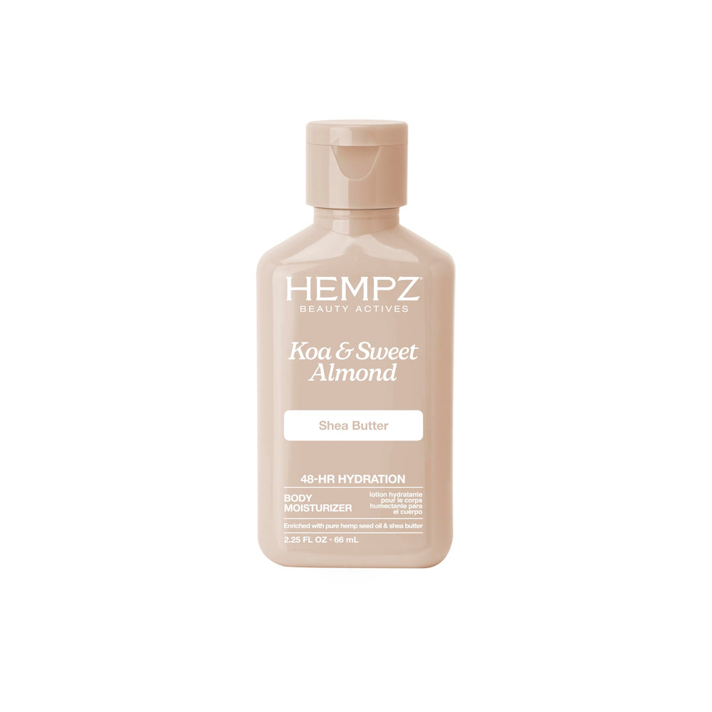 Hempz crema corporal koa-almendra en bote para hidratación ligera diaria