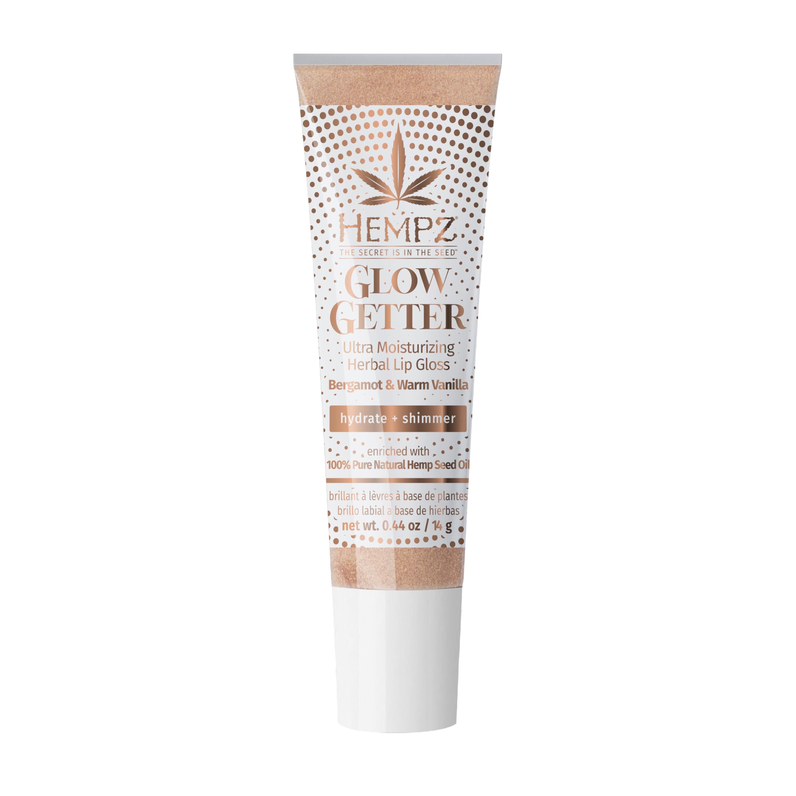 Hempz Glow Getter, brillo labial en botella, hidratación suave para labios.