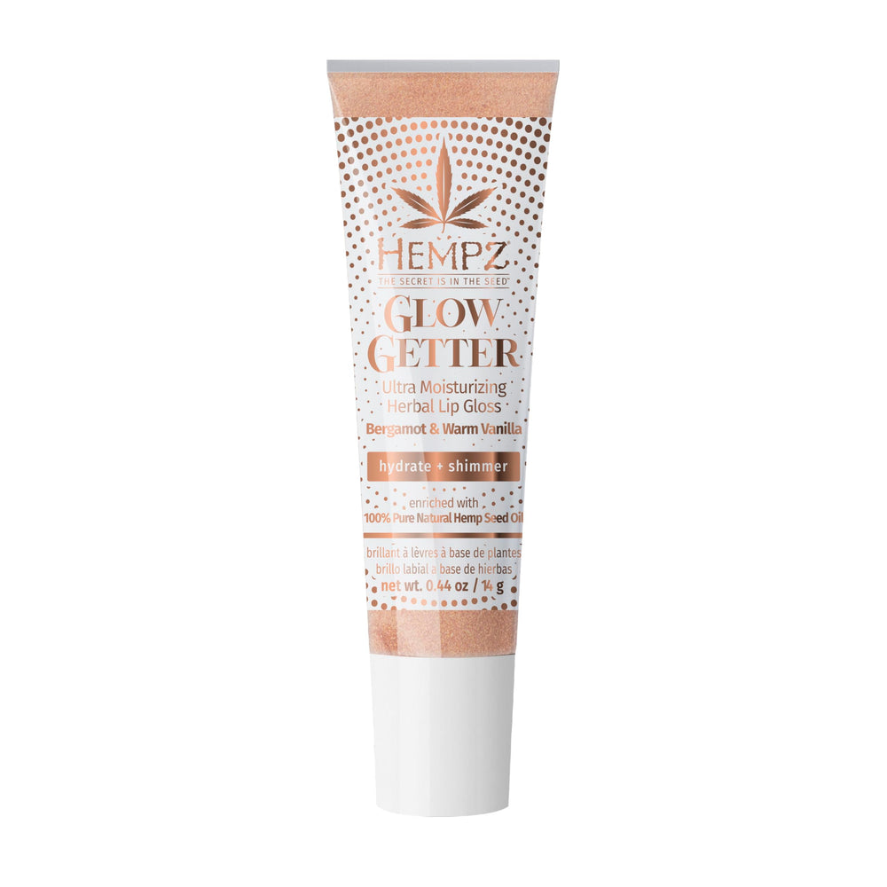 Hempz Glow Getter, brillo labial en botella, hidratación suave para labios.