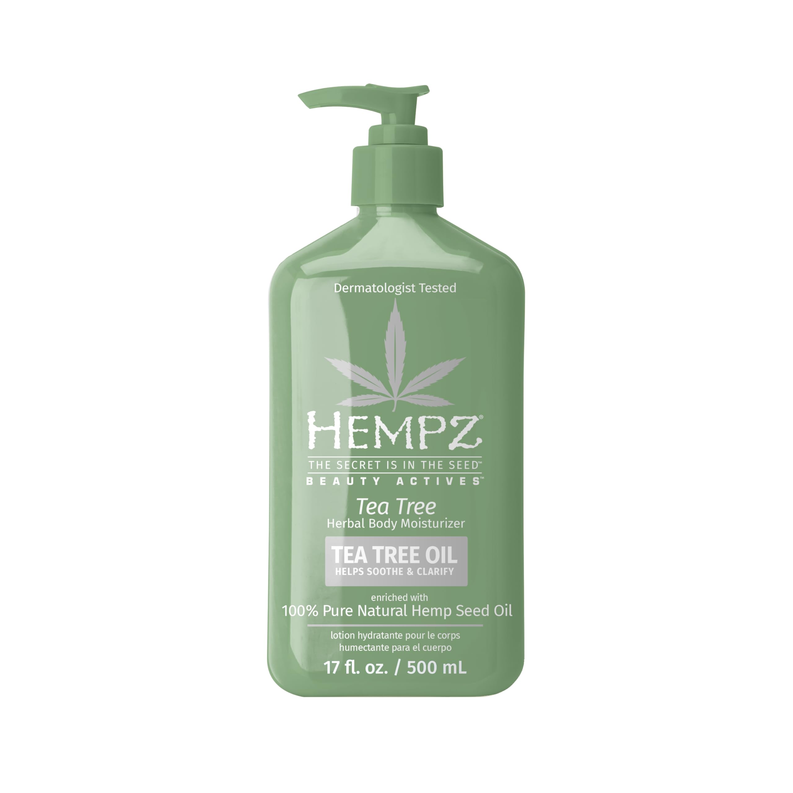 Hempz loción corporal árbol de té, frasco para hidratación diaria suave.