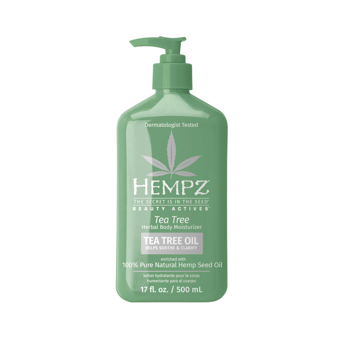 Hempz loción corporal árbol de té, frasco para hidratación diaria suave.