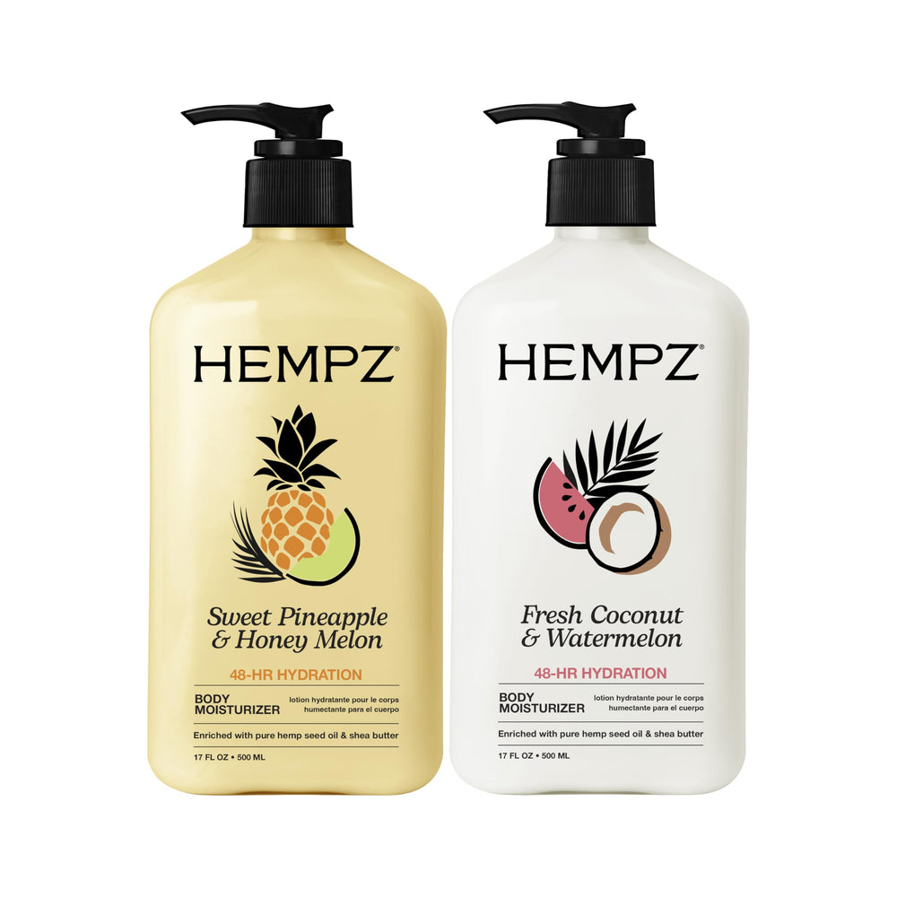 Hempz loción corporal piña dulce y melón miel, hidrata y suaviza la piel.