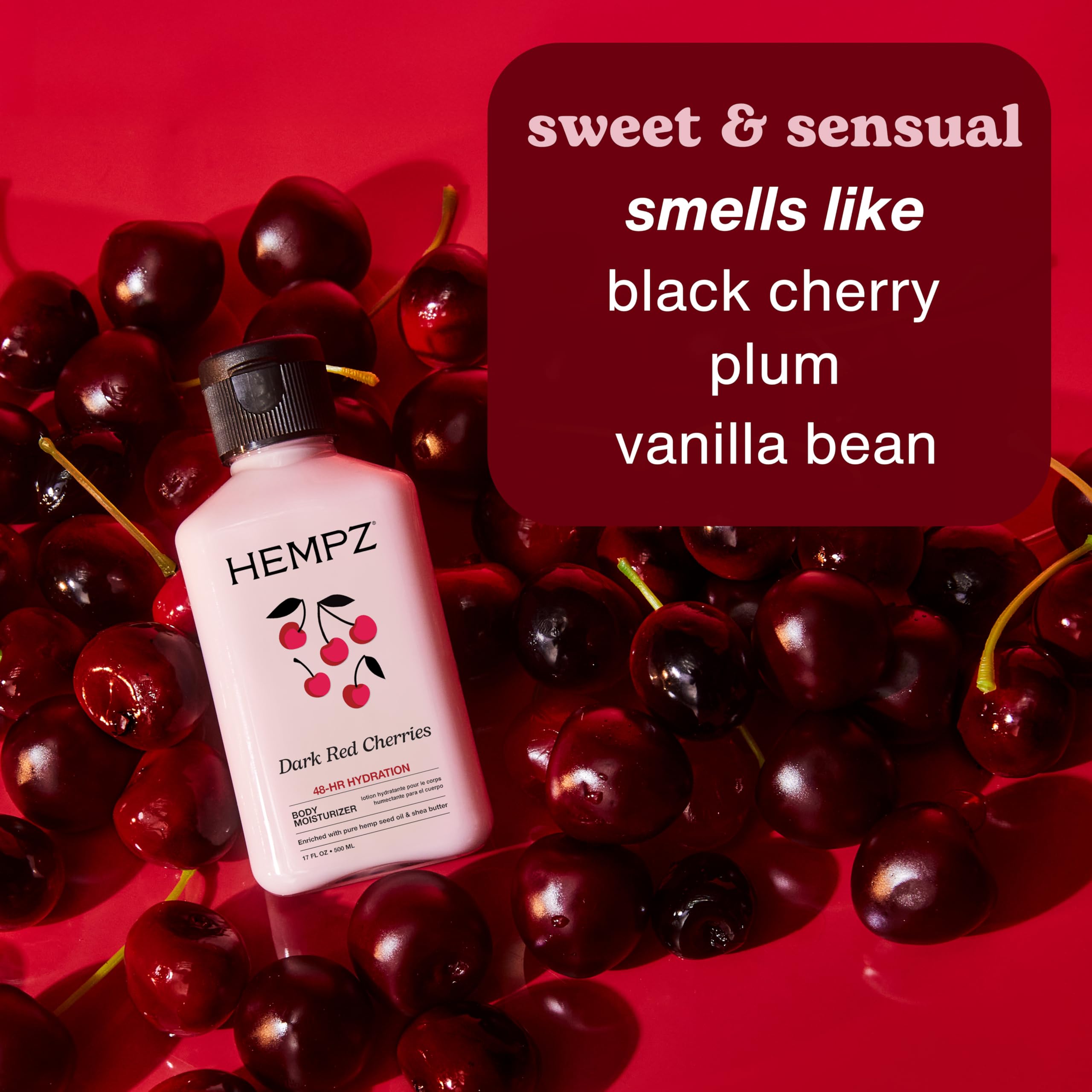 Hempz loción corporal cereza, aroma a vainilla y cereza que aporta sensación de frescura