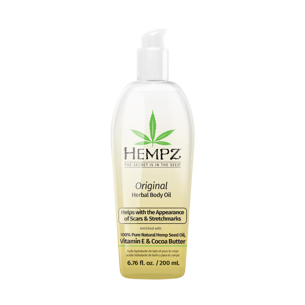 Hempz Original Floral Banana, botella vertiendo, hidratación ligera para la piel.