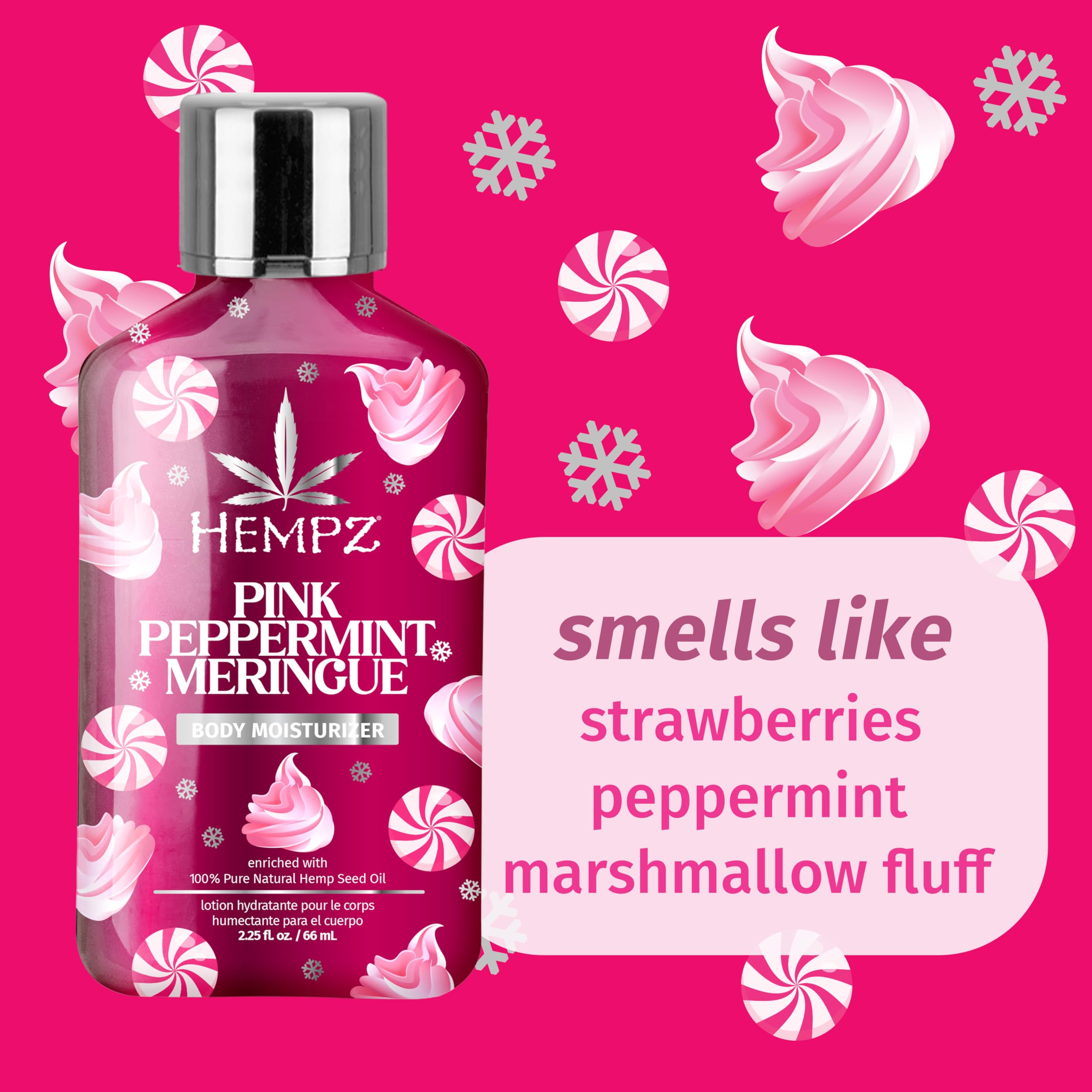 Hempz Pink Peppermint Meringue presenta notas de fresa, menta y malvavisco para una experiencia sensorial.