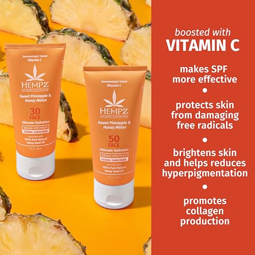 Hempz protector solar facial textura ligera, absorción rápida para piel sensible.