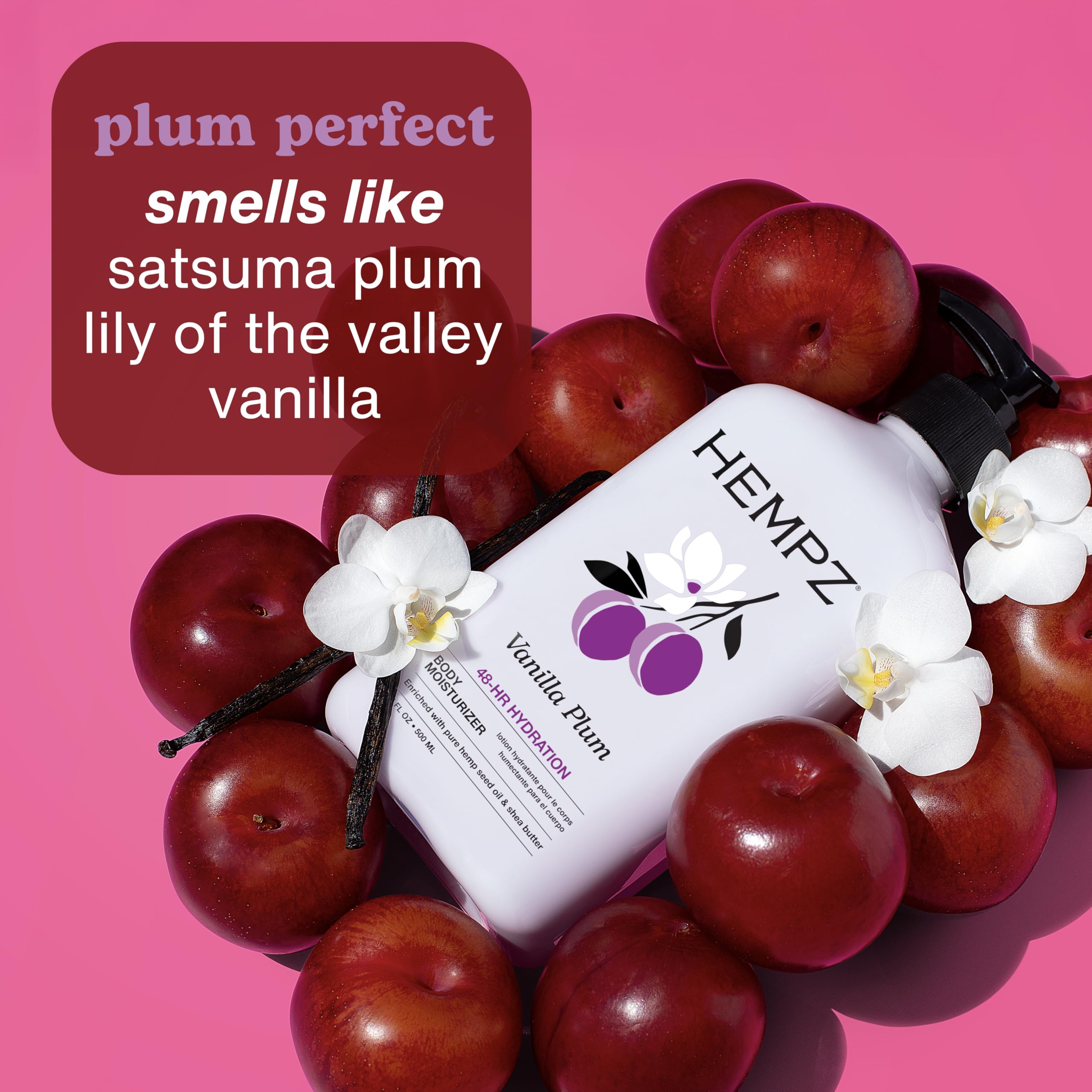 Hempz Vanilla Plum, aplicación diaria para piel suave y nutrida.