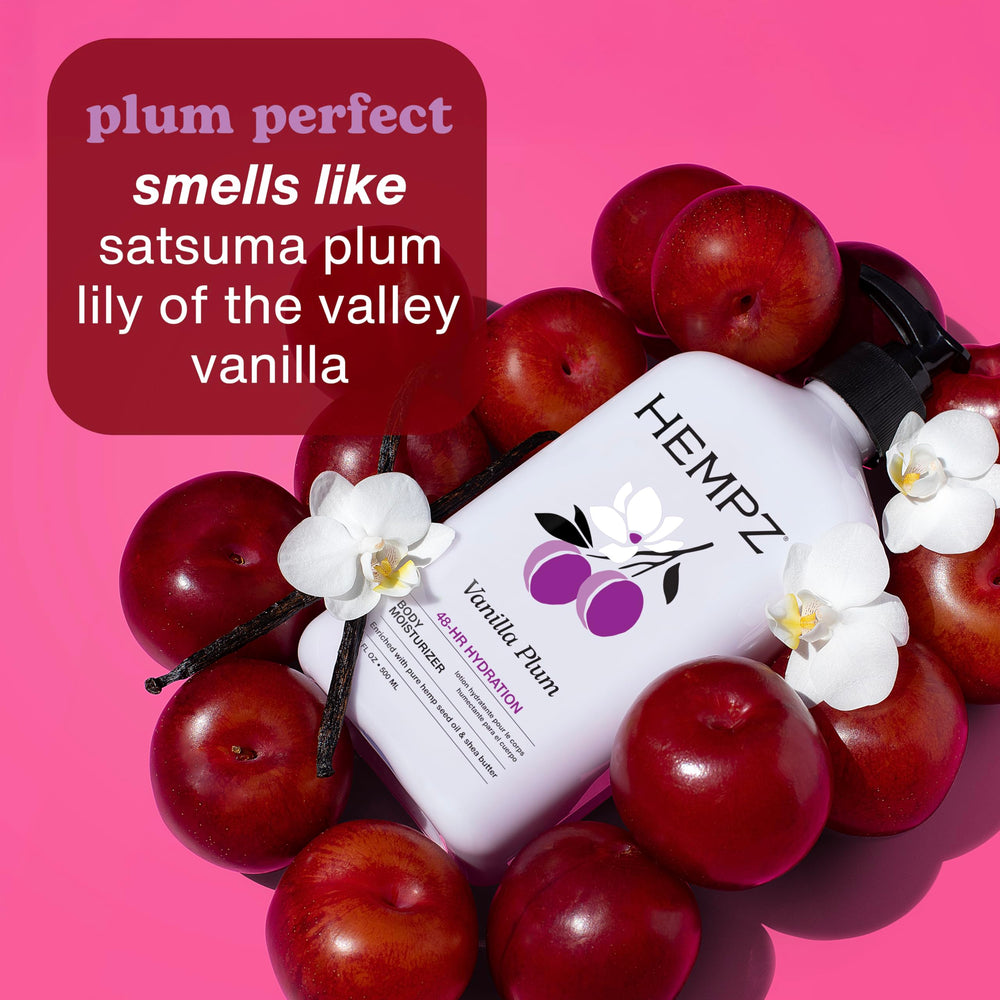 Hempz Vanilla Plum, aplicación diaria para piel suave y nutrida.