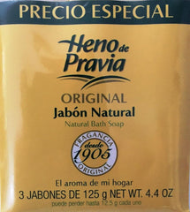 Empaque clásico de Heno de Pravia, fragancia atemporal ideal para toda la familia.
