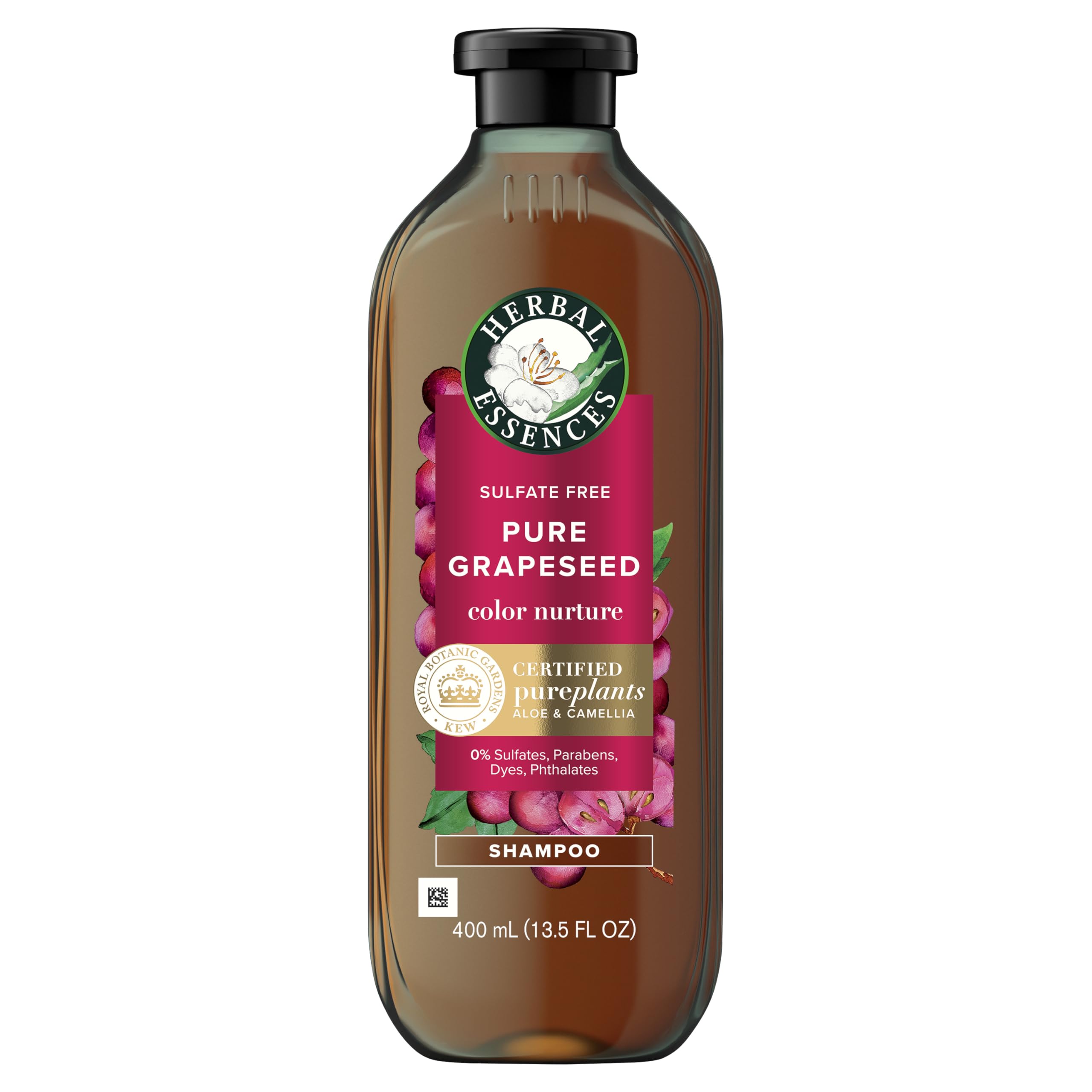 Herbal Essences, botella de shampoo con semilla de uva, suavidad ligera para el cabello.
