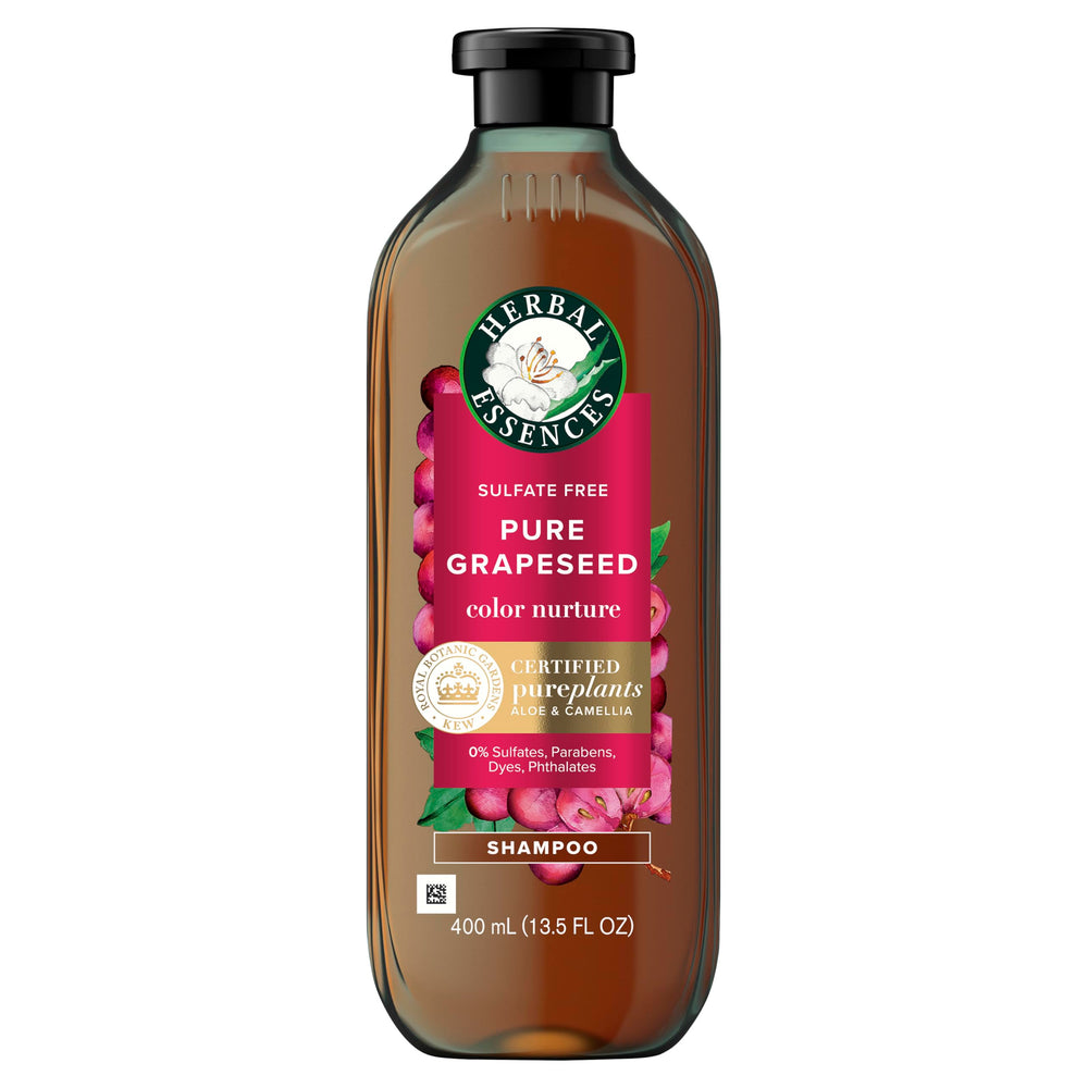 Herbal Essences, botella de shampoo con semilla de uva, suavidad ligera para el cabello.
