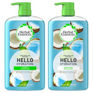 Herbal Essences Hello Hydration champú: botella visible para hidratación intensa en cabello seco.