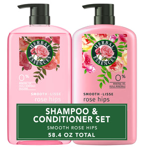 Champú Herbal Essences Rose Hips en botella, limpieza suave y brillo natural.