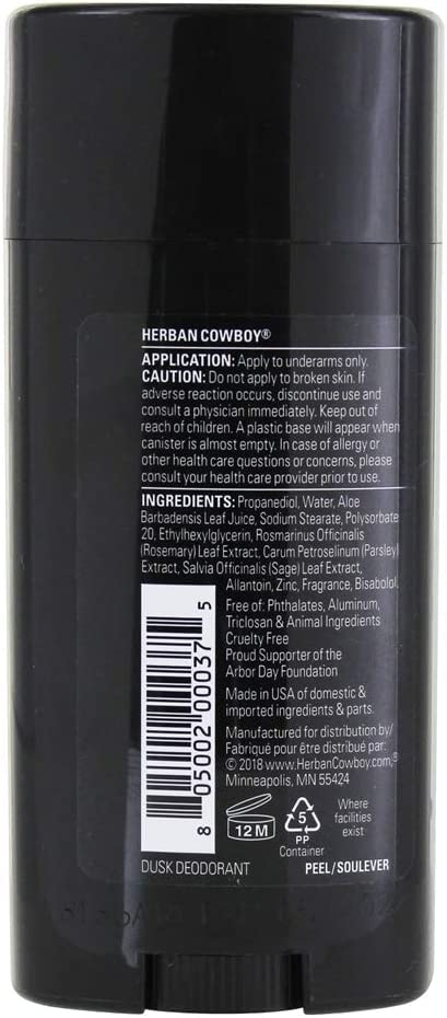 Herban Cowboy DUSK desodorante tres-paquetes, detalle de etiqueta, diseño claro