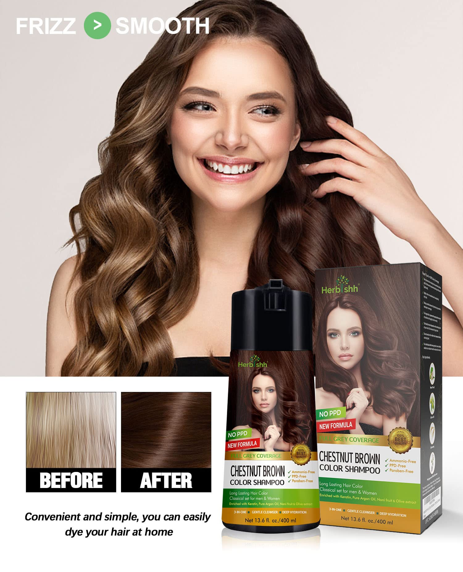 Aplicación suave con Herbishh para cubrir canas sin esfuerzo.