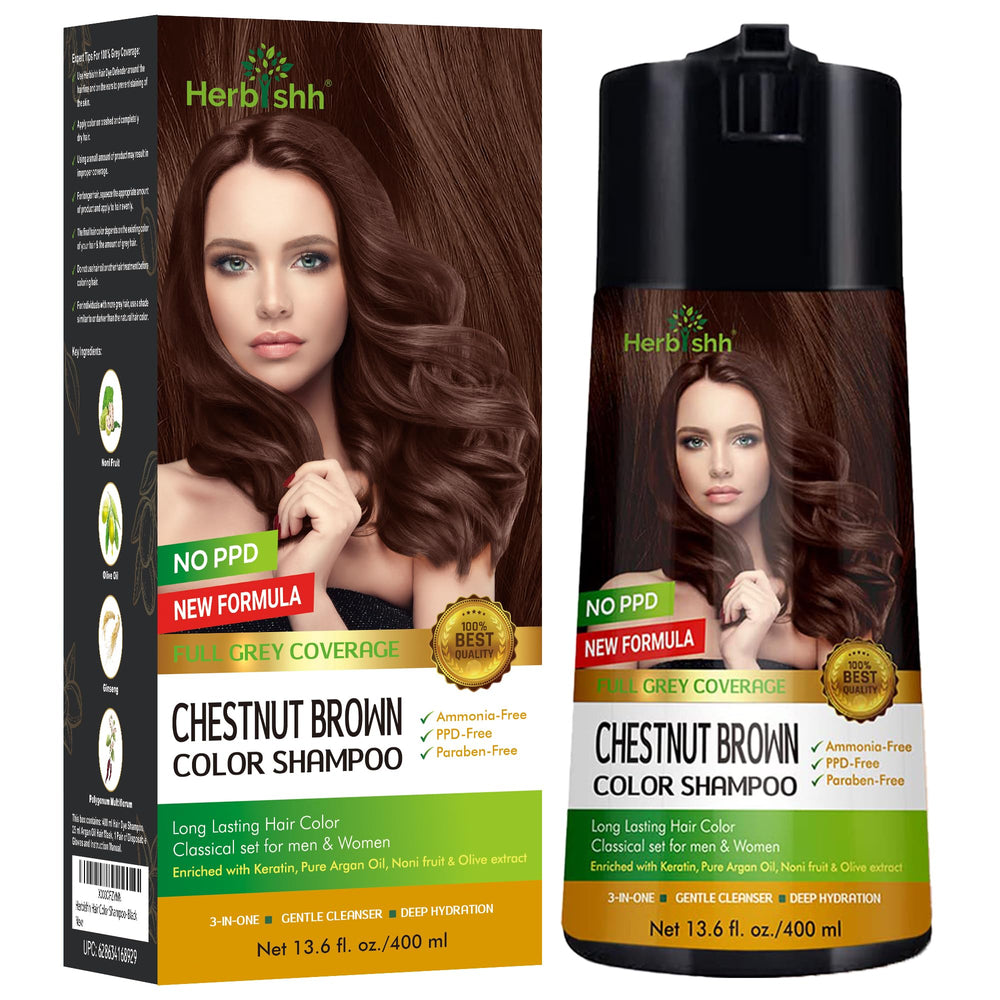 Herbishh Color Shampoo para cabello gris en botella, cobertura suave y brillo natural.