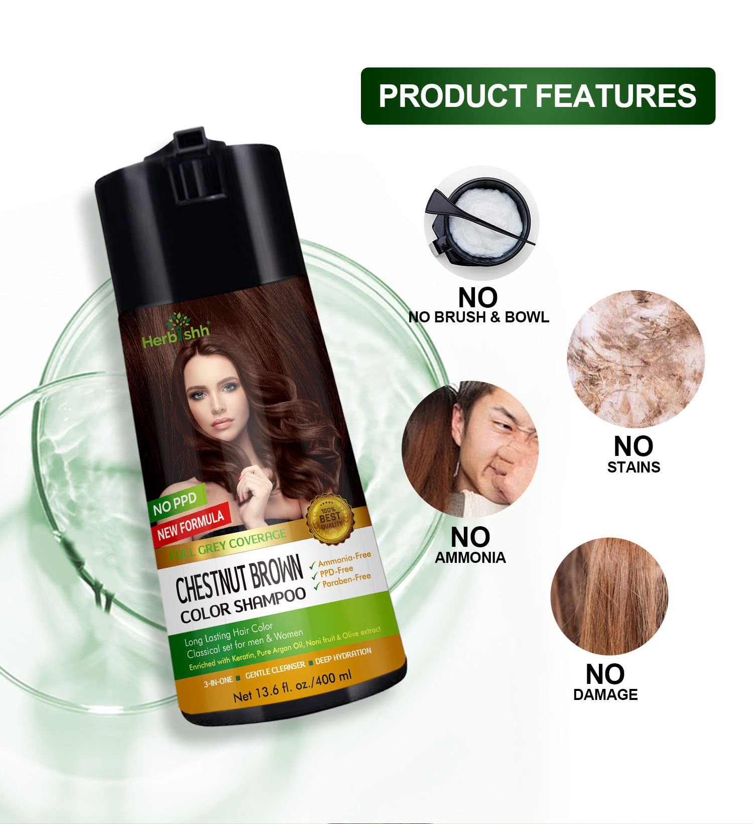 Envase de 400 ml de Herbishh Color Shampoo, práctico y duradero.