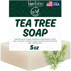 Herblov Jabon Árbol de Té, empaque externo, limpieza suave para piel sensible.
