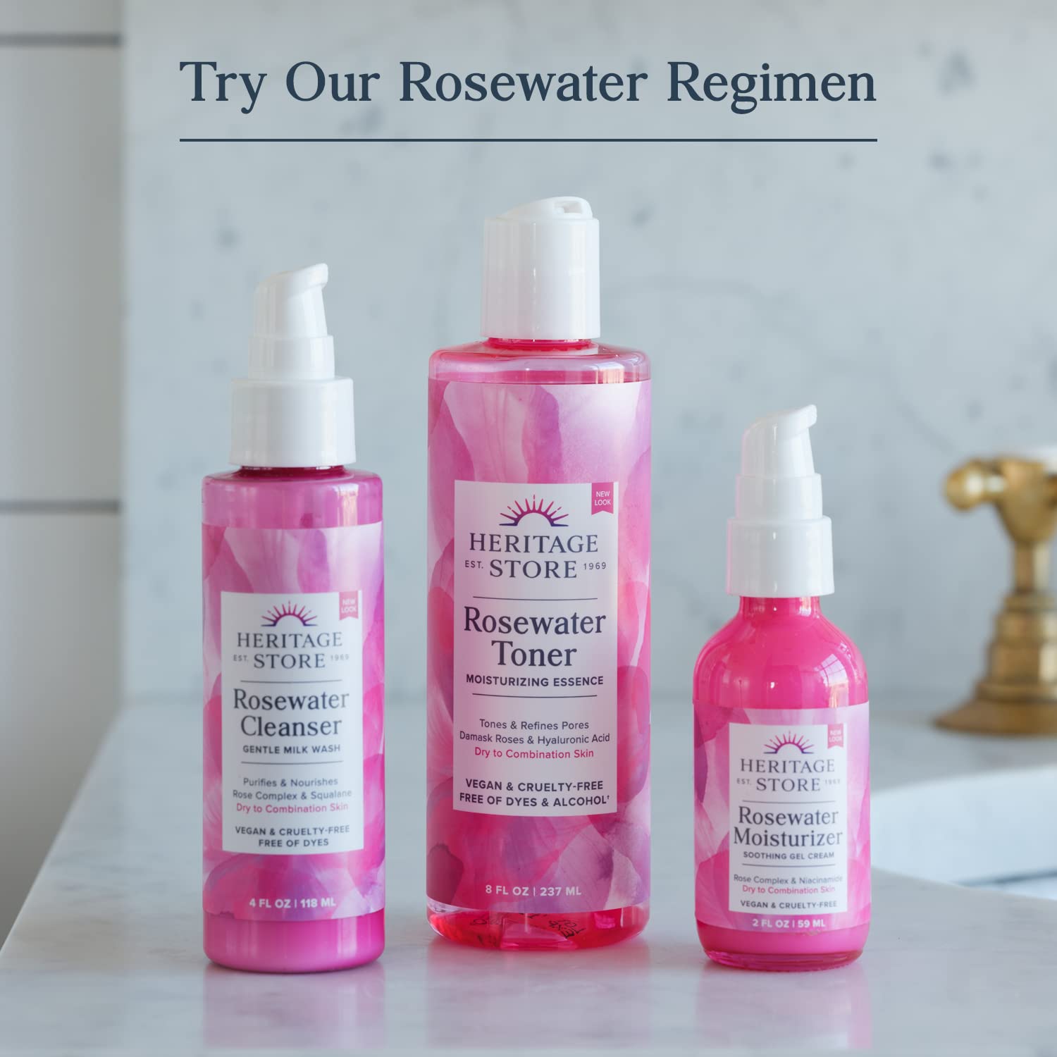HERITAGE STORE Rosewater & Glycerin eco-friendly packaging in PCR plastic.