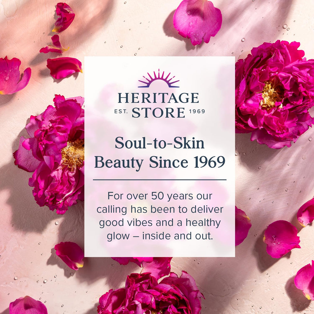 HERITAGE STORE Rosewater & Glycerin minimal ingredients highlight for gentle daily use.