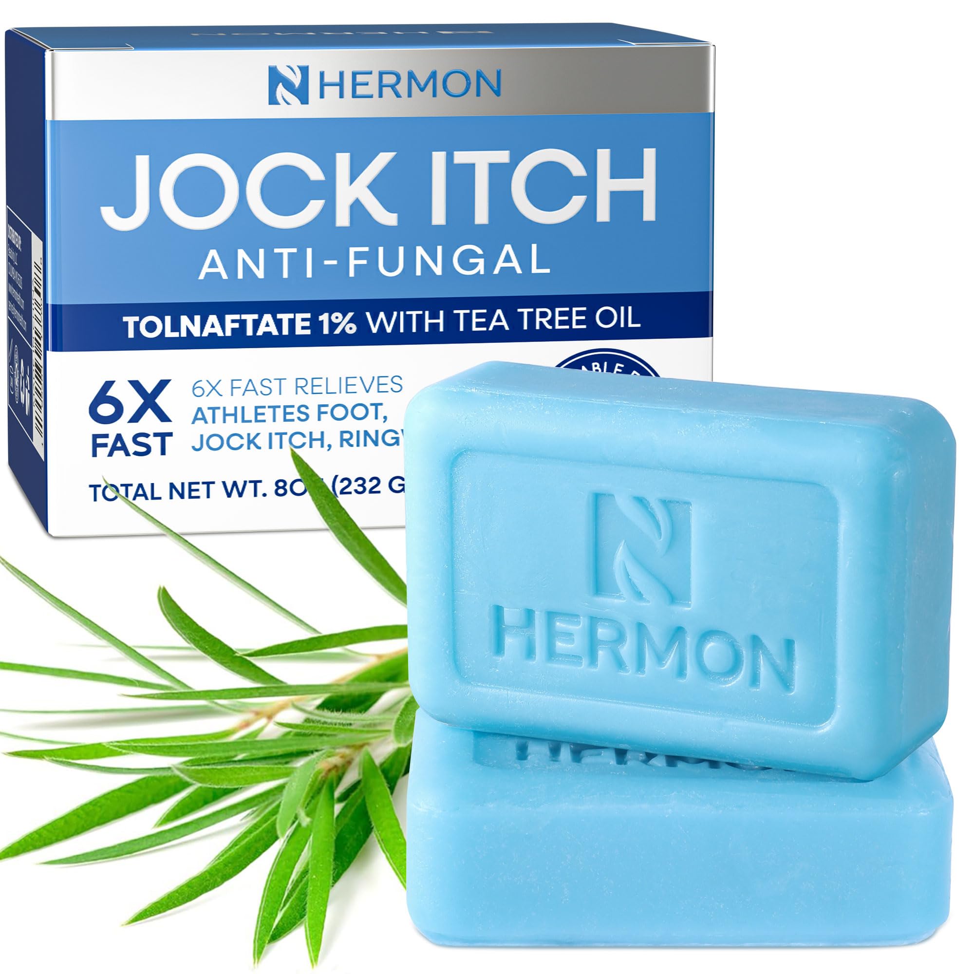 Hermon jabón antifúngico con árbol de té, barra destacando aroma suave para uso diario