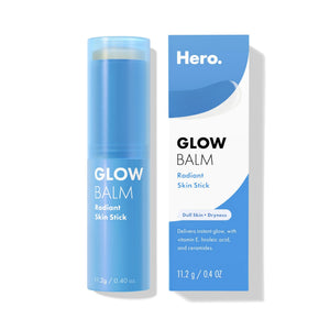 Glow Balm Stick de Hero Cosmetics desliza suave para brillo inmediato y piel suave.