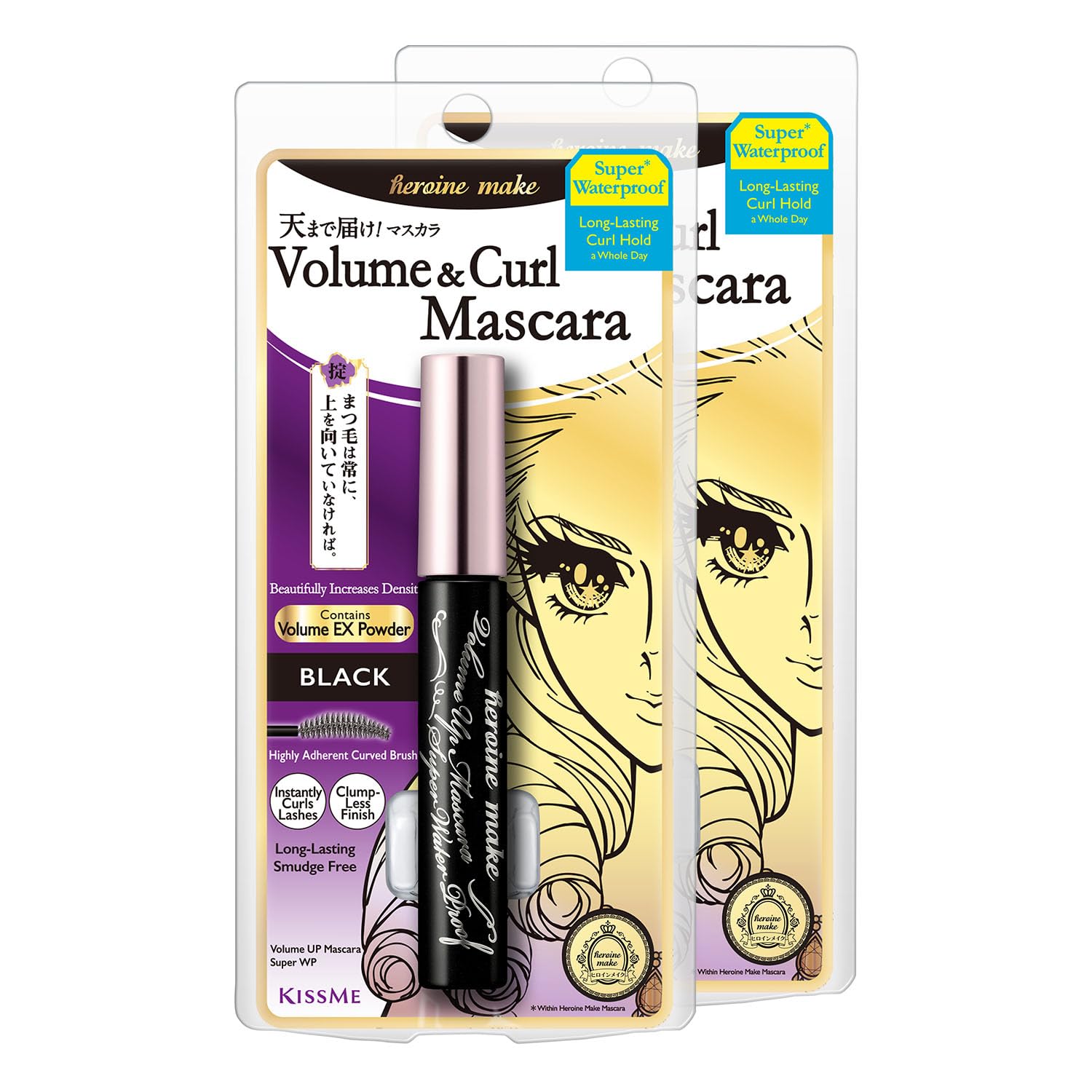 Heroine Make mascara impermeable voluminizadora, aplicacion suave y definicion de pestanas.