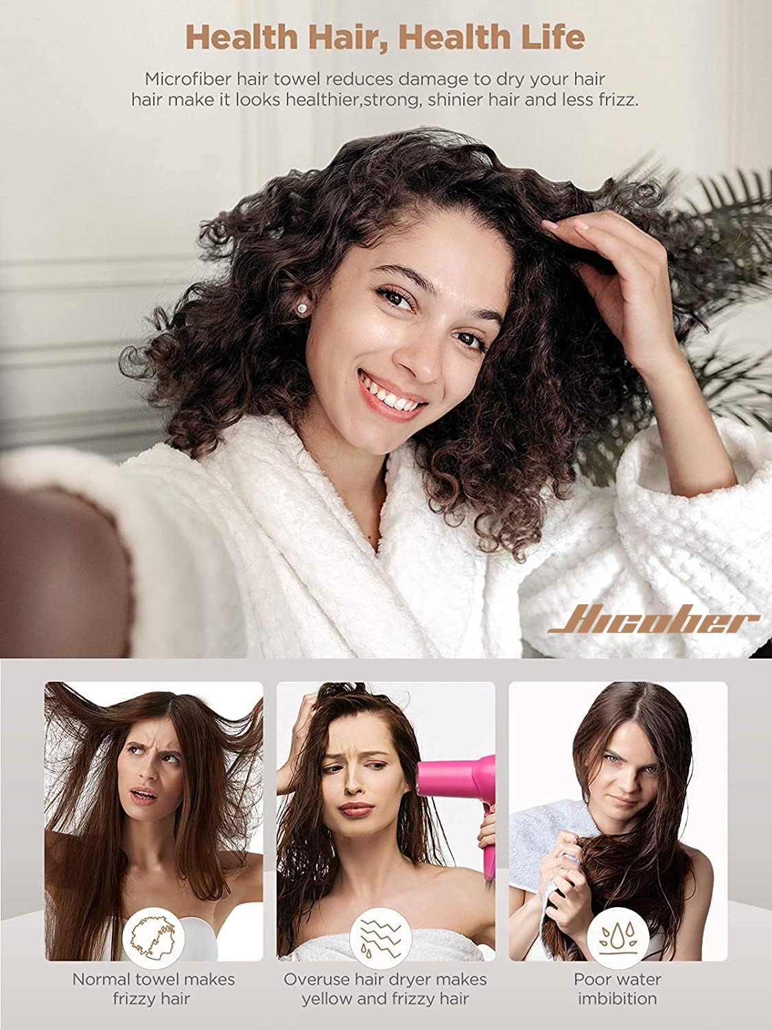 Turbante Hicober para cabello mojado, cómodo y práctico para uso diario.