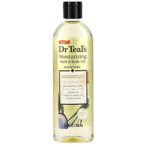 Aceite hidratante para baño con jojoba, botella visible, piel suave.