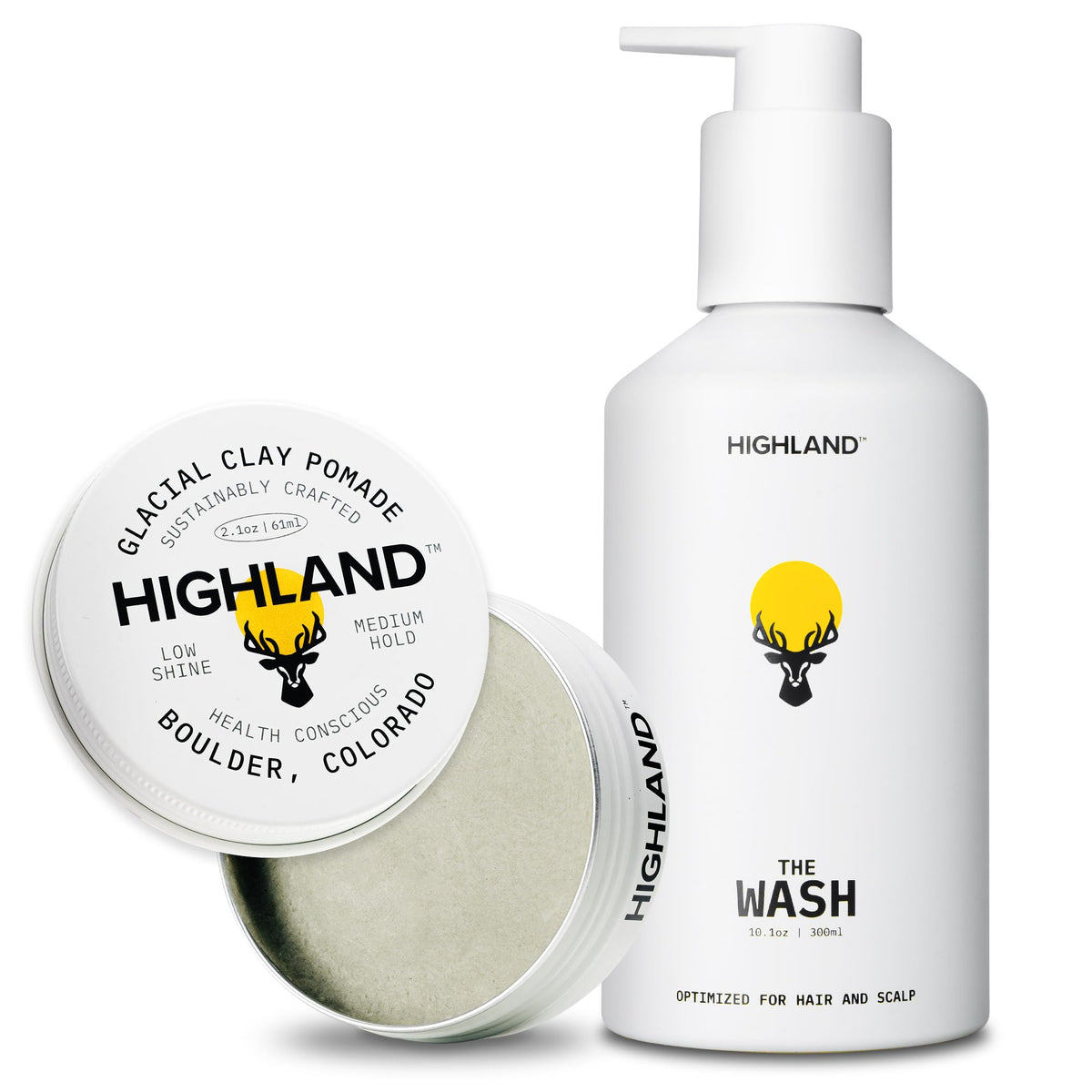Highland Pomada Arcilla Glacial muestra textura natural y fijación flexible para peinado duradero.