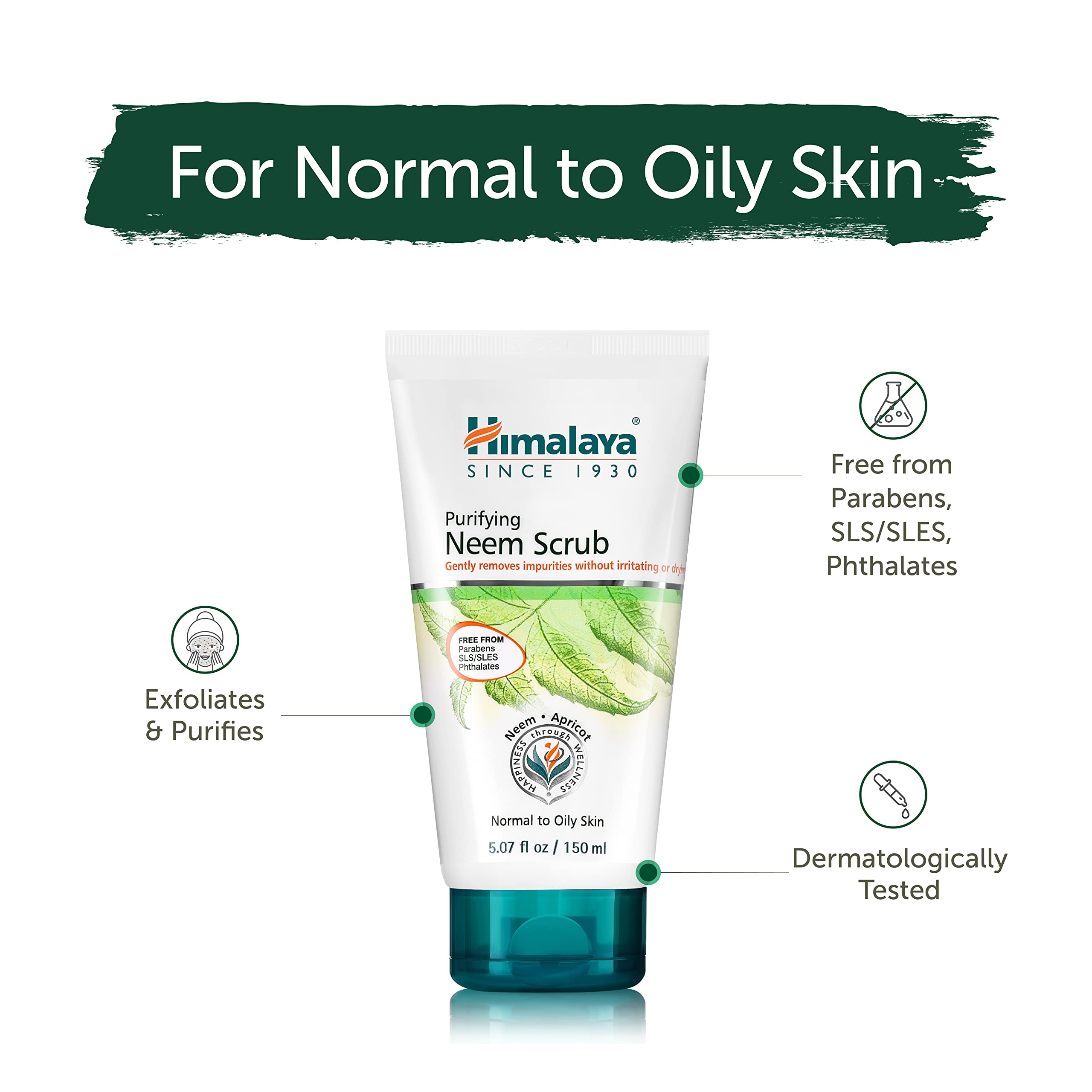 Envase de 150 ml Himalaya Purifying Neem Scrub, práctico para la rutina.
