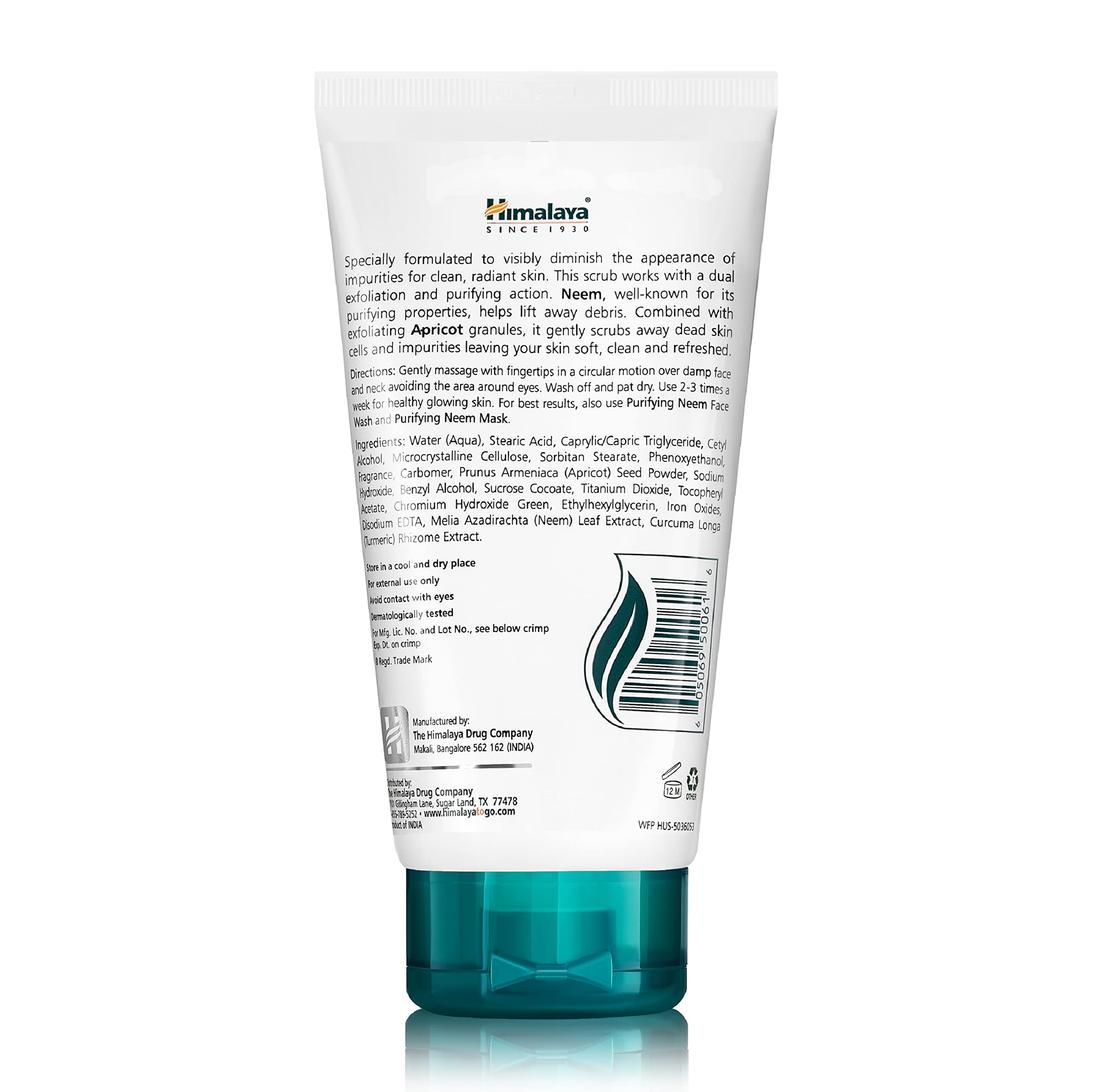 Himalaya Purifying Neem Scrub con granulos de albaricoque exfoliantes suaves para renovar la piel.