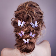 Pinzas HINZIC mariposa púrpura con diferentes estilos para looks variados.