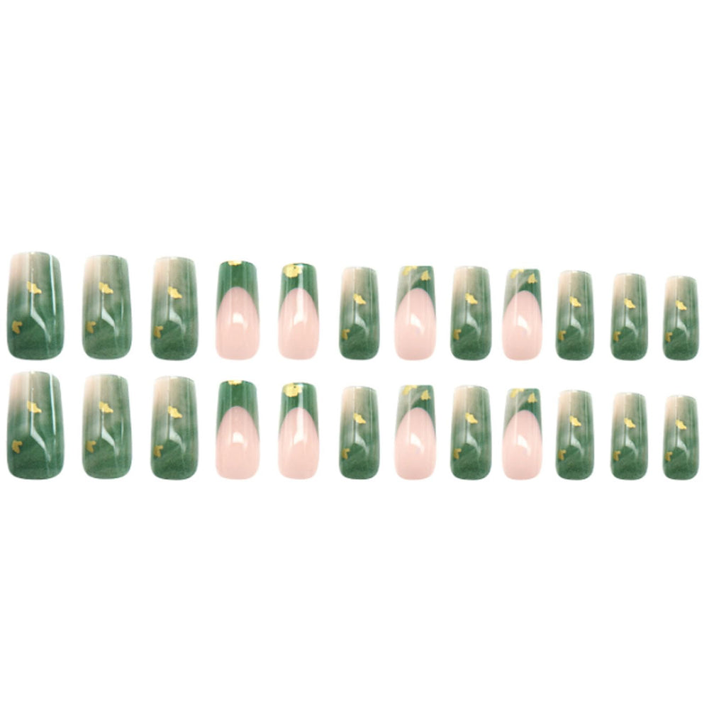 Uñas Hkanlre 24 piezas verdes frances con acabado marmol.