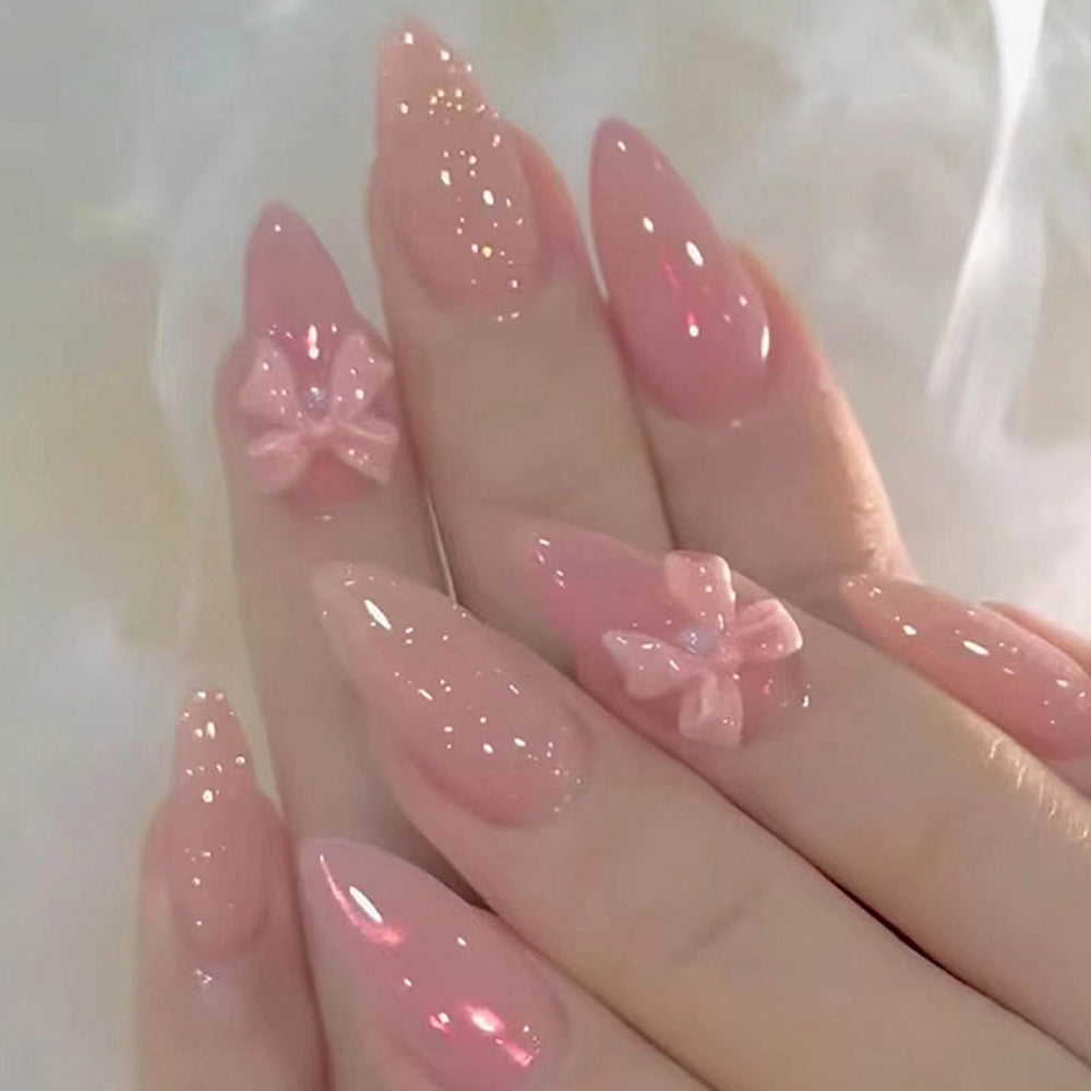 Uñas postizas Hkanlre rosas con lazo medio, estilo elegante para cualquier ocasión.