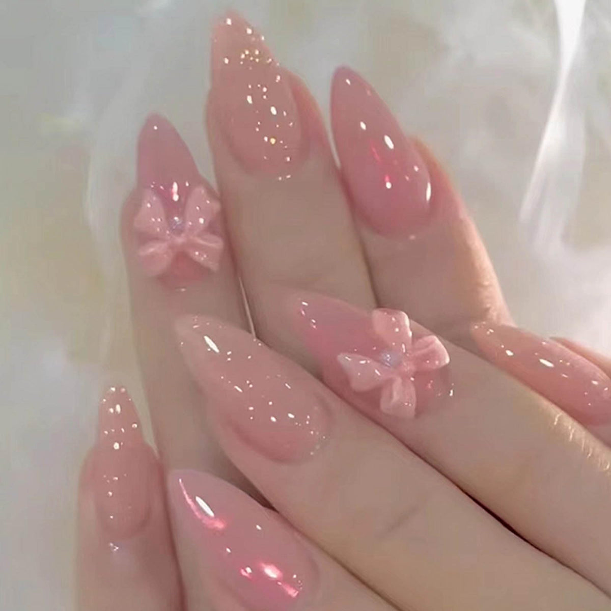 Uñas postizas Hkanlre rosas con lazo medio, estilo elegante para cualquier ocasión.