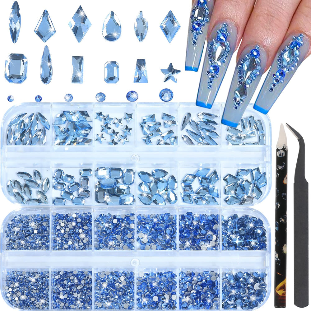 Piedras de HNUIX azul claro 3D para uñas, detalle de brillo