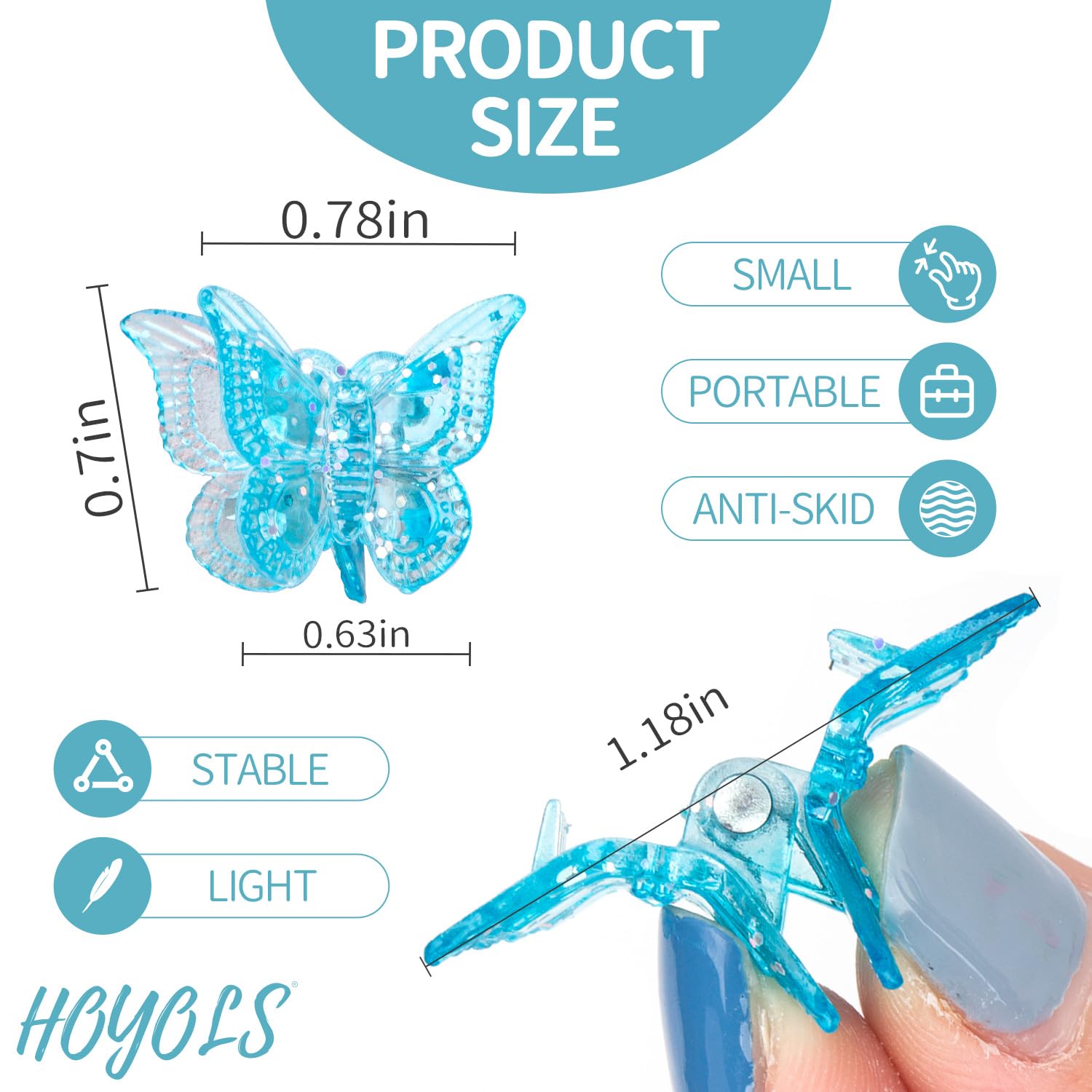 Hoyols clip glitter de mariposa resalta el peinado con destellos bajo la luz.