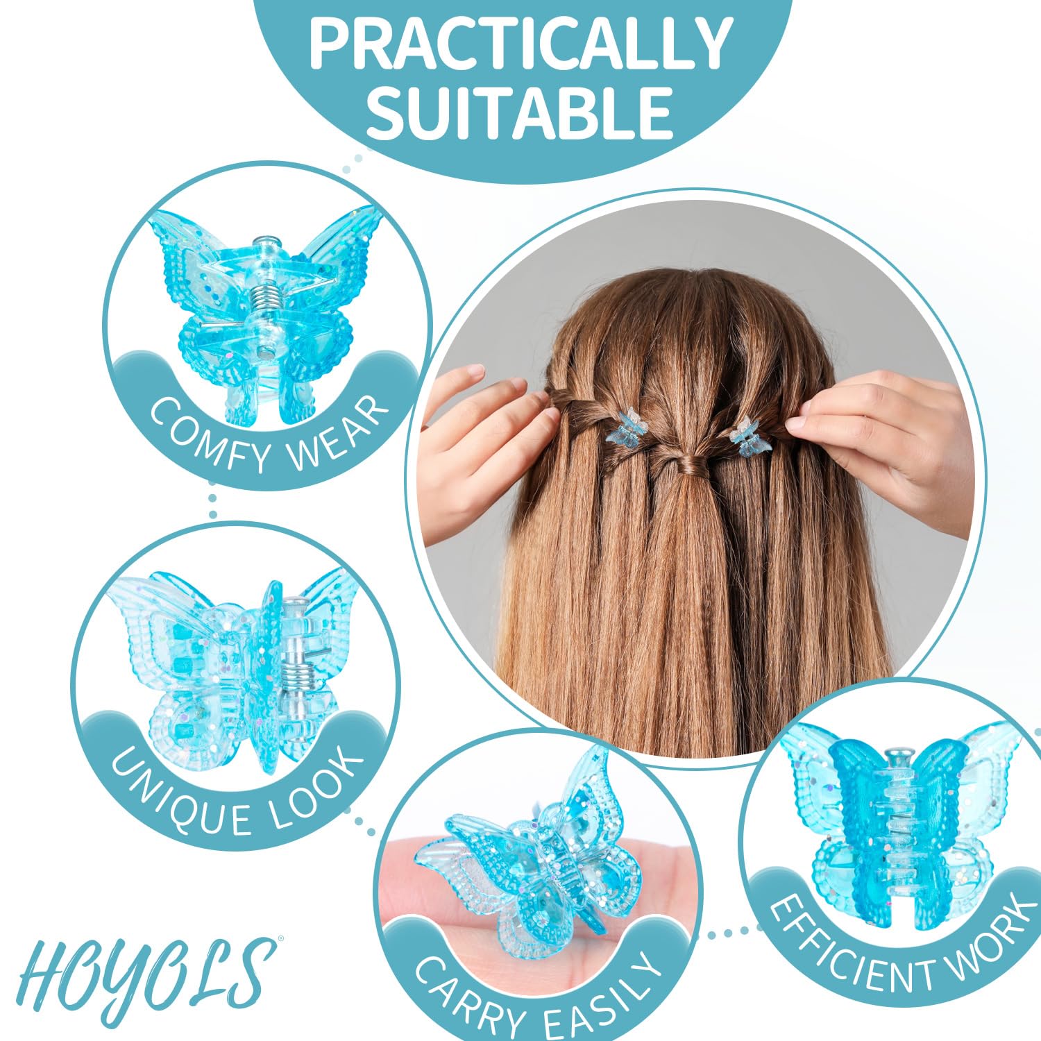 Hoyols mariposa glitter mini ofrece agarre suave y seguro para todo tipo de cabello.