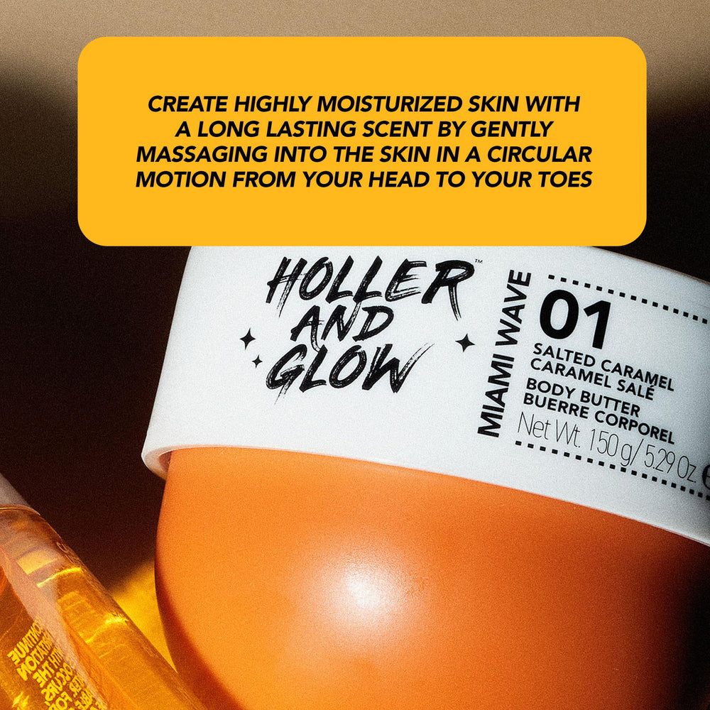 Aplicación diaria de Holler y Glow Miami Wave para piel seca durante todo el año.