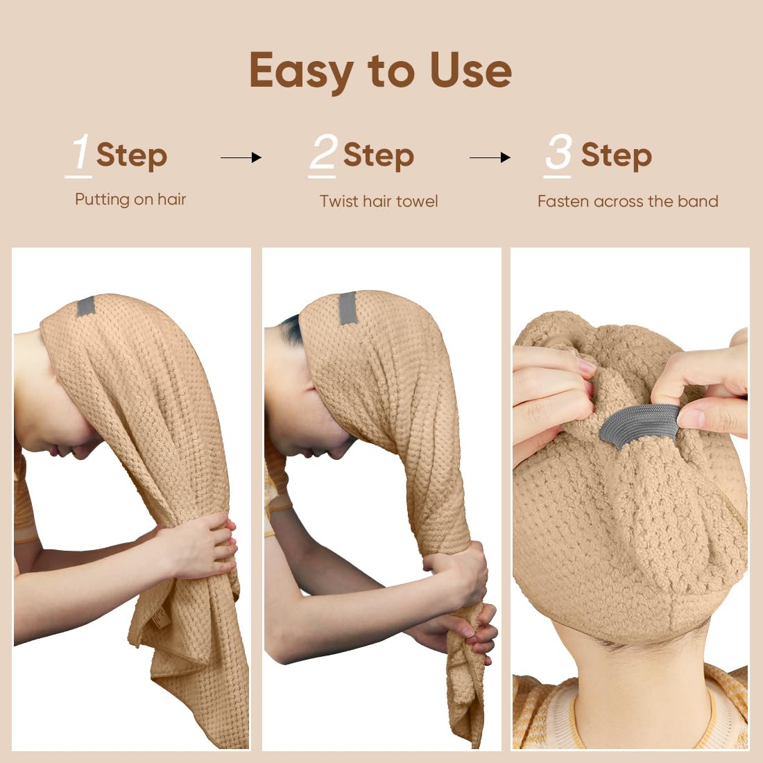 Turbante HOMEXCEL con elástico para ajuste seguro.